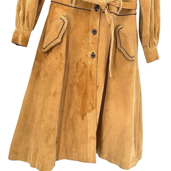 Vintage 70s Women's Trench Coat Corduroy Leather Trim Belted Brown Swing Skirt M - Picture 7 of 15